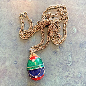 1980's Chain Necklace with Egg Shape Pendant Unique Gold & Colored Enamel Finish